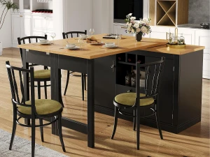 ModernLuxe Móvel de bar de cozinha extensível - e rotação 360° - mesa grande - 180x79.5x71.5 cm - 2 gavetas e 2 portas - 3 adegas - Preto