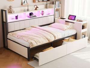 ModernLuxe Slaapbank 90x200 cm - met stopcontacten - met LED-verlichting - met 2 grote laden - met uitschuifbaar bureau - Wit