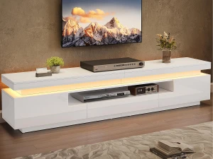 ModernLuxe Móvel de TV 175x38x45 cm - com 2 portas e 1 gaveta - com iluminação LED - Acabamento brilhante - Branco