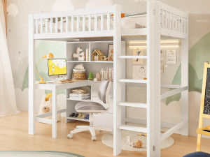 ModernLuxe Hoge bed 90x200 cm - meerdere opbergruimtes - met ladder + bureau - met 3 laden - wit (matras niet inbegrepen)
