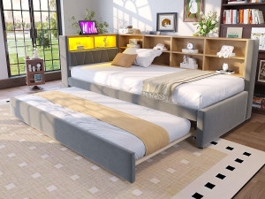 ModernLuxe Slaapbank 90x200 cm - Met uitschuifbaar bed 90x190 cm - met LED-verlichting - stopcontact - donkergrijs (matras niet inbegrepen)