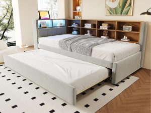 ModernLuxe Slaapbank 90x200 cm - Met uitschuifbaar bed 90x190 cm - met LED-verlichting - stopcontact - lichtgrijs (matras niet inbegrepen)