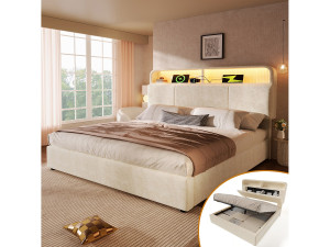Merax Hydraulisch opbergbed - 160 x 200 cm - verstelbaar hoofdeinde met opbergruimte - met LED's + USB/Type-C - fluweel - beige