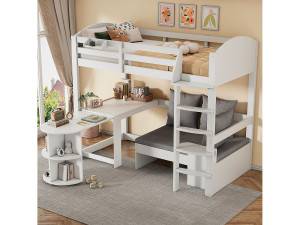 Merax Mezzaninebed 90 x 200 cm met uitschuifbare tafel + bank en 3 kussens + kussens - Hout - Wit