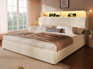 ModernLuxe Gestoffeerd opbergbed 180x200 cm - met LED-verlichting - met USB- en Type-C-poorten - met in hoogte verstelbare hoofdeinde - fluweel -