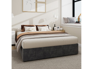 Opbergbed 140 x 200 cm - Volwassen bed zonder hoofdeinde - grijs fluweel - matras niet inbegrepen