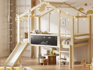 ModernLuxe Kinderhoogbed 90x200 cm - met veiligheidsladder - met glijbaan - met tekenbord - Natuur (matras niet inbegrepen)