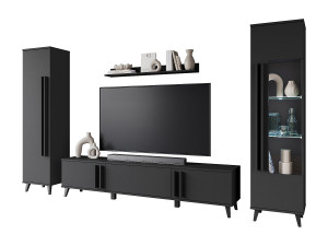 Woonkamerwand op pootjes met LED– set TV-meubel 180 cm, vitrinekast, boekenkast, wandplank zwart mat