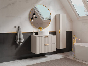 Unique Mueble de baño suspendido estriado con lavabo redondo sobre encimera y columna - Color beige - 80 cm - ZEVARA