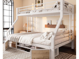 ModernLuxe Stapelbed 90x200 cm + 140x200 cm - met schoenenplank - opbergvakken - veiligheidshekken en ladder - wit