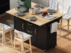 ModernLuxe Ilha de cozinha central móvel 120x40-80x92 cm - com rodas - com USB - 2 gavetas e 2 portas - tampo extensível - com toalheiro - preto