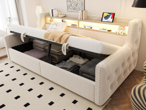ModernLuxe Gestoofde slaapbank met opbergruimte 90x200 cm - met LED-verlichting - opbergvakken - stopcontact + oplaadpoort - beige