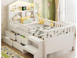 ModernLuxe Kinderbed 90x200 cm - met vier laden - met trede - met LED-verlichting - met USB + Type-C oplaadpoort - wit