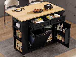 ModernLuxe Mobiel keukeneiland 120x40-70x92 cm - met wieltjes - met USB - 2 laden en 2 deuren - uitschuifbaar werkblad - met handdoekhouder - zwart