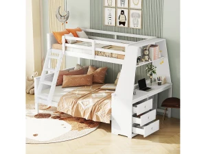 Merax Beliche 90 x 200 cm + 140 x 200 cm - escrivaninha + 3 gavetas + prateleira - madeira MDF - branco