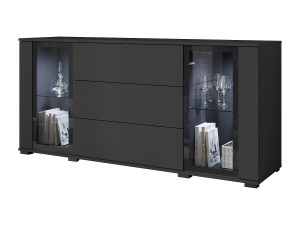 Dressoir 150 cm voor woonkamer met LED – moderne vitrinekast met glas + laden, zwart mat