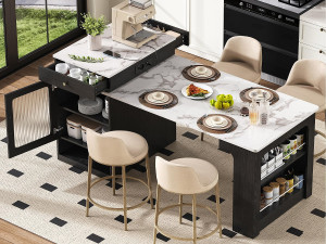 ModernLuxe Keukeneiland - Met stopcontact - Met afneembare en uitschuifbare eettafel - ​​Marmerstructuur​​ - Met 1 deur - ​​Zwart + Wit​