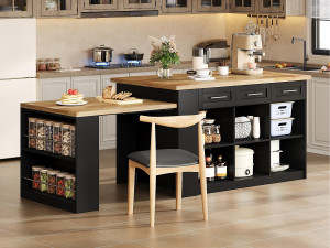 ModernLuxe Keukeneiland 150x90x90 cm - met uitschuifbare eettafel - houttextuur - met grote opbergruimte - Zwart + Natuur
