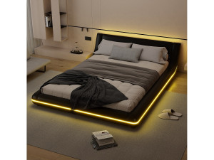 Laag bed 140x200 cm in zwart PU met sfeervolle LED-verlichting, afstandsbediening met 24 toetsen, minimalistisch en praktisch design voor een moderne