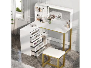 Kaptafel met kruk, HD-spiegel en verstelbare ledverlichting, stopcontact, 5 lades, wit