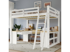 Merax Kinderhoogslaper - 140 x 200 cm - met lange U-vormige tafel + 2 lades en plank - grenen + MDF - wit + naturel