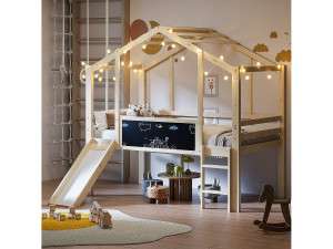 Hauss Spole Kinderbed 90x200cm met krijtbord en glijbaan, lattenbodem, natuurlijke kleur
