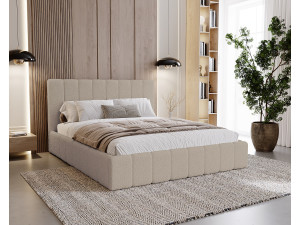 BESILIO Slaapkamerbed Slim 140x200 Lexy – metalen frame, opbergruimte voor beddengoed, slank bed, boucléstof – Beige