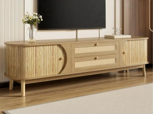 ModernLuxe Móvel para TV 170x40x46 cm - 2 gavetas e 2 portas - grão de madeira natural + Rattan - MDF - Natural