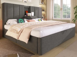 ModernLuxe Cama estofada com armazenamento 160x200cm - com porta-copos oculto - com portas USB e Tipo-C - com somier de ripas - Linho - Cinza (sem