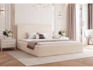 BESILIO Bed 120x200 Vienna – bed met opbergruimte, slank bed, lattenbodem – fluwelen stof – Crème
