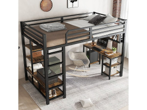 Hauss Spole Hoogslaper 120x200cm in zwart en donker notenhout met bureau en plank, metaal + spaanplaat