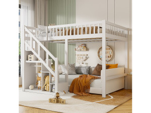 Multifunctioneel hoogslaper van massief hout, 90x200 cm, met opbergtrap, hoge leuning en elegante witte afwerking
