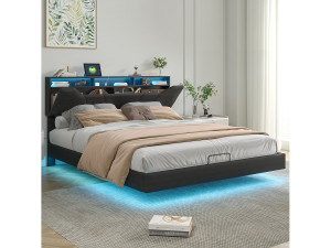 Gestoffeerd tweepersoonsbed 140x200cm - met USB en LED-verlichting - Bedframe met opberghoofdeinde en opbergvak voor bed, in PU - Grijs