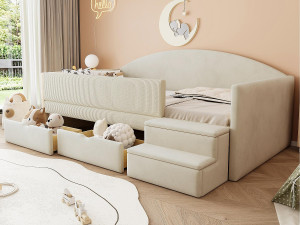 ModernLuxe Gestoffeerd kinderbed 90x190 cm - met 2 laden - met treden - fluweel - beige (matras niet inbegrepen)