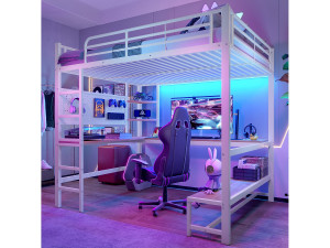 Merax Kinderhoogslaper - 140 x 200 cm - ijzeren frame - met bureau + LED's + USB + Type-C - metaal + MDF - wit