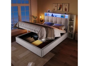 Merax Cama estofada com arrumação - 90 x 200 cm - com porta USB, luzes LED, cabeceira e prateleira de arrumação - linho - bege