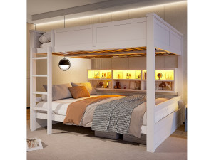 Merax Verlicht boven elkaar voor kinderen - 2 x 160 x 200 cm - met kasten en led-verlichting - MDF - wit