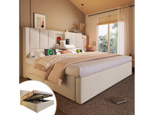 Merax Gestoffeerd tweepersoonsbed met opbergruimte - 180 x 200 cm - met verborgen bekerhouder en oplaadstation - linnen - beige