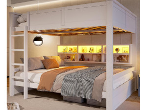 ModernLuxe Stapelbed 160x200cm - met opbergkasten - met LED-verlichting - met veiligheidshekjes en trappen - Wit (matras niet inbegrepen)