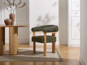 Unique Silla con reposabrazos en tela bouclé y madera de hevea natural - Caqui LIVELIA
