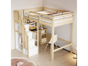 Merax Kinderhoogslaper - 90 x 200 cm - met opbergtrap + bureau + planken - hout - naturel