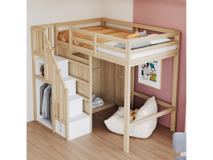 Merax Kinderhoogslaper - 90 x 200 cm - met opbergtrap + kledingkast - hout - naturel