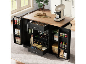 Merax Centraal eiland met neerklapbaar werkblad op wielen - 138 x 45/70 x 92 cm - met 2 laden + 2 deuren - MDF - zwart