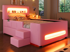 ModernLuxe Gestoffeerd eenpersoonsbed 90x200 cm - met LED-verlichting - met trap - 1 lade en opbergzak - Roze​ (matras niet inbegrepen)