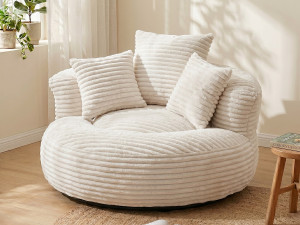 Peerstoel in Ribfluweel - Pouf Beige - Groot Model - Met 3 Kussens - Ultra Zacht - voor Volwassenen en Kinderen