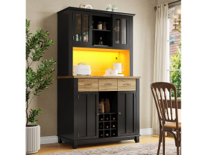 Merax Hoge keukenkast met 4 deuren + 3 laden + plank + LED's - 106 x 40 x 179,5 cm - MDF - zwart