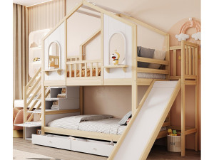 ModernLuxe kinderstapelbed 90x200 cm - Huis-design - met opbergtrap + glijbaan - met 2 lades - Natuur​ (matras niet inbegrepen)