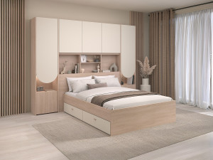 Vente-unique Brugbed 160 x 200 cm met opbergruimte - Met LEDs - Kleur: Beige en naturel + Lattenbodem - DOMELITO