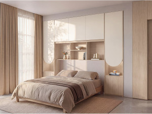 Vente-unique Brugbed 160 x 200 cm met opbergruimte - Met leds - Kleur: Beige en naturel + Lattenbodem - DOMELITO