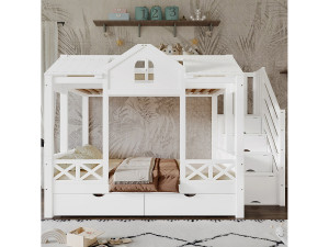 Merax Kinderstapelbed - 90 x 200 cm + 140 x 200 cm - met 2 lades + opbergladder - grenen + MDF + multiplex - wit
